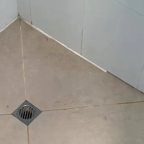 The Peregian Springs shower floor before: stained, cracked grout running into the drain and tired silicone along the wall tiles